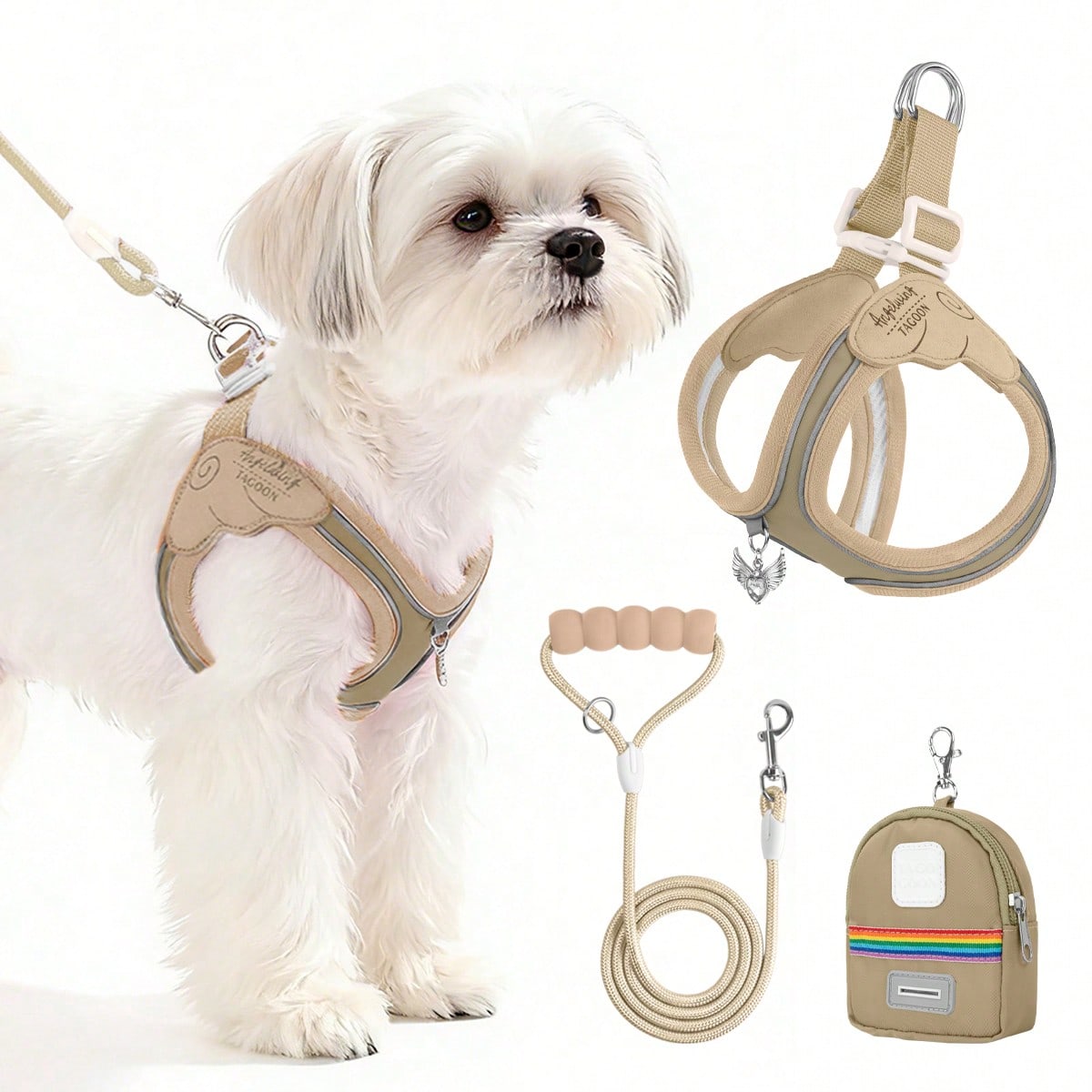 Multicolor colorblock polyester dog harness and leash set with lightweight chest strap and soft handle for small dogs and large cats