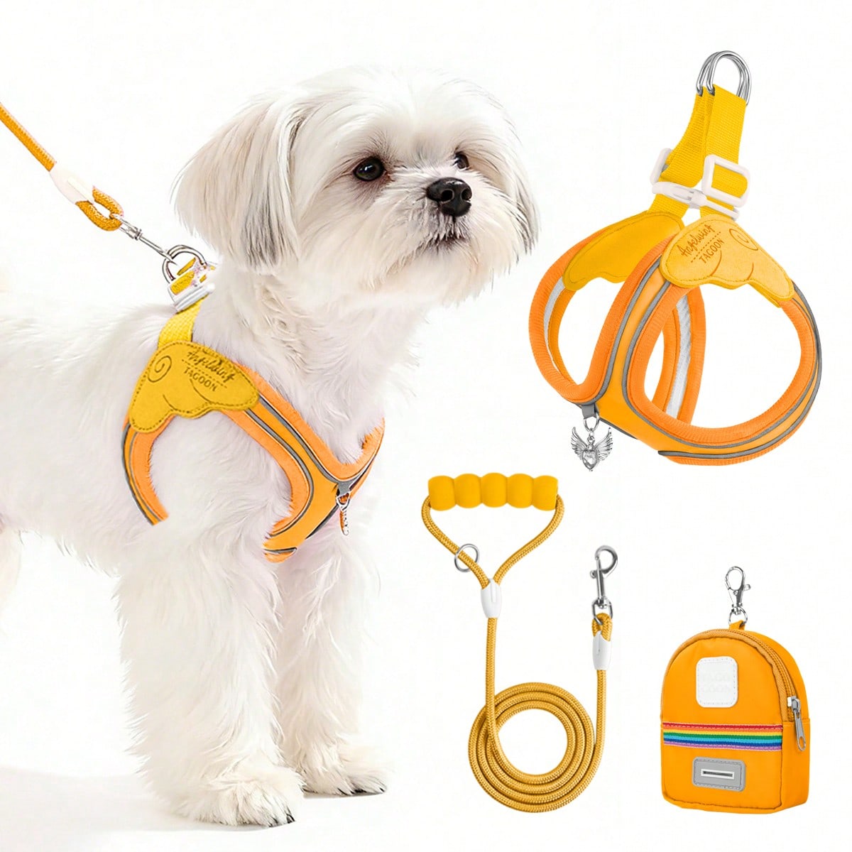 Multicolor colorblock polyester dog harness and leash set with lightweight chest strap and soft handle for small dogs and large cats