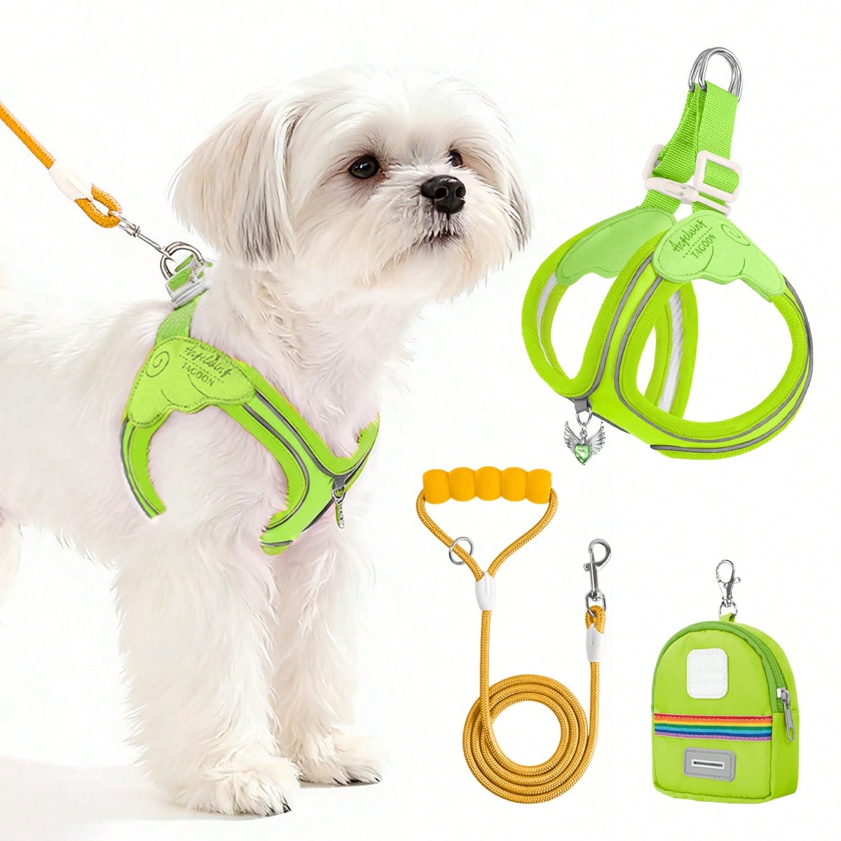 Multicolor colorblock polyester dog harness and leash set with lightweight chest strap and soft handle for small dogs and large cats