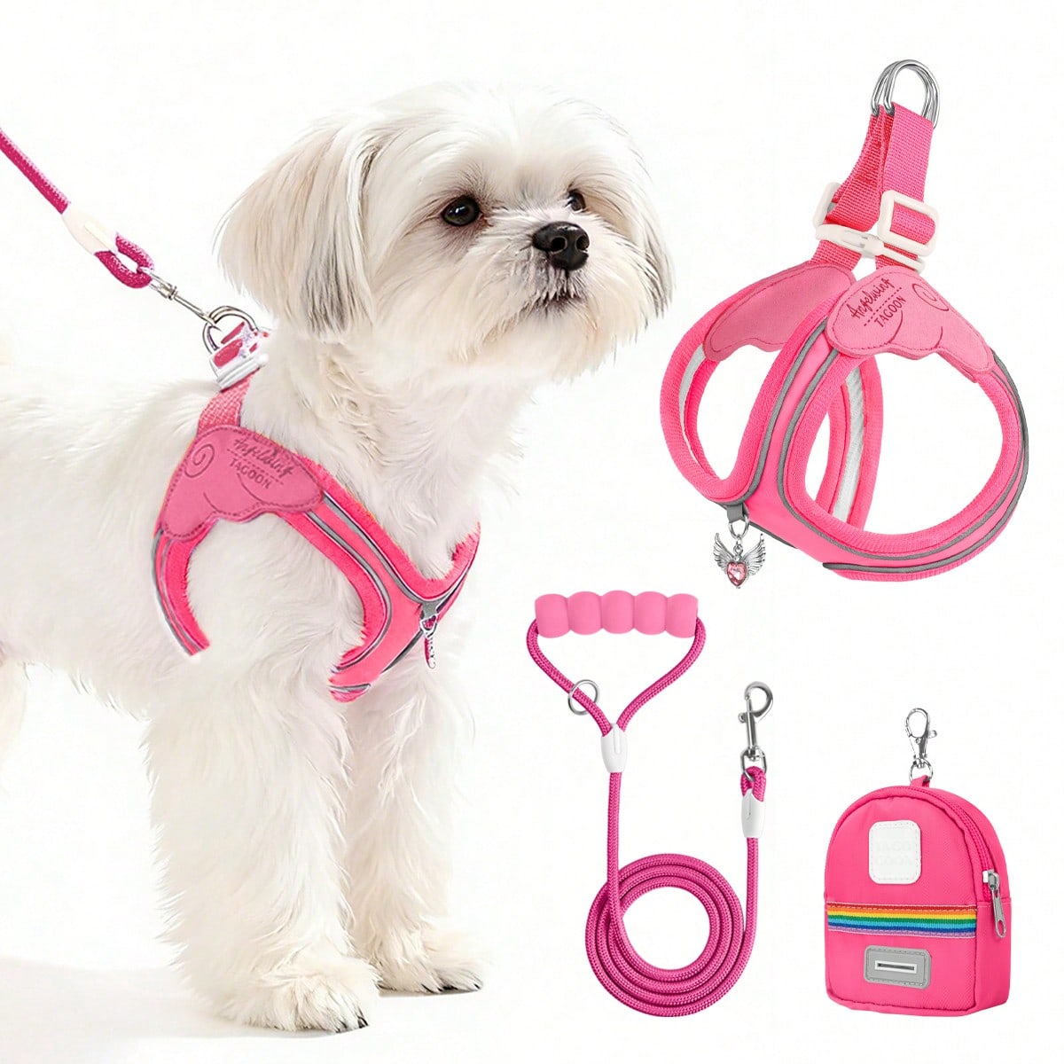 Multicolor colorblock polyester dog harness and leash set with lightweight chest strap and soft handle for small dogs and large cats