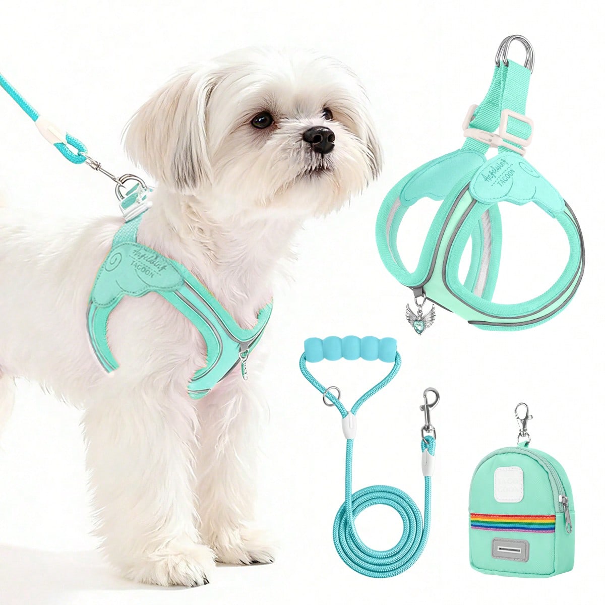 Multicolor colorblock polyester dog harness and leash set with lightweight chest strap and soft handle for small dogs and large cats