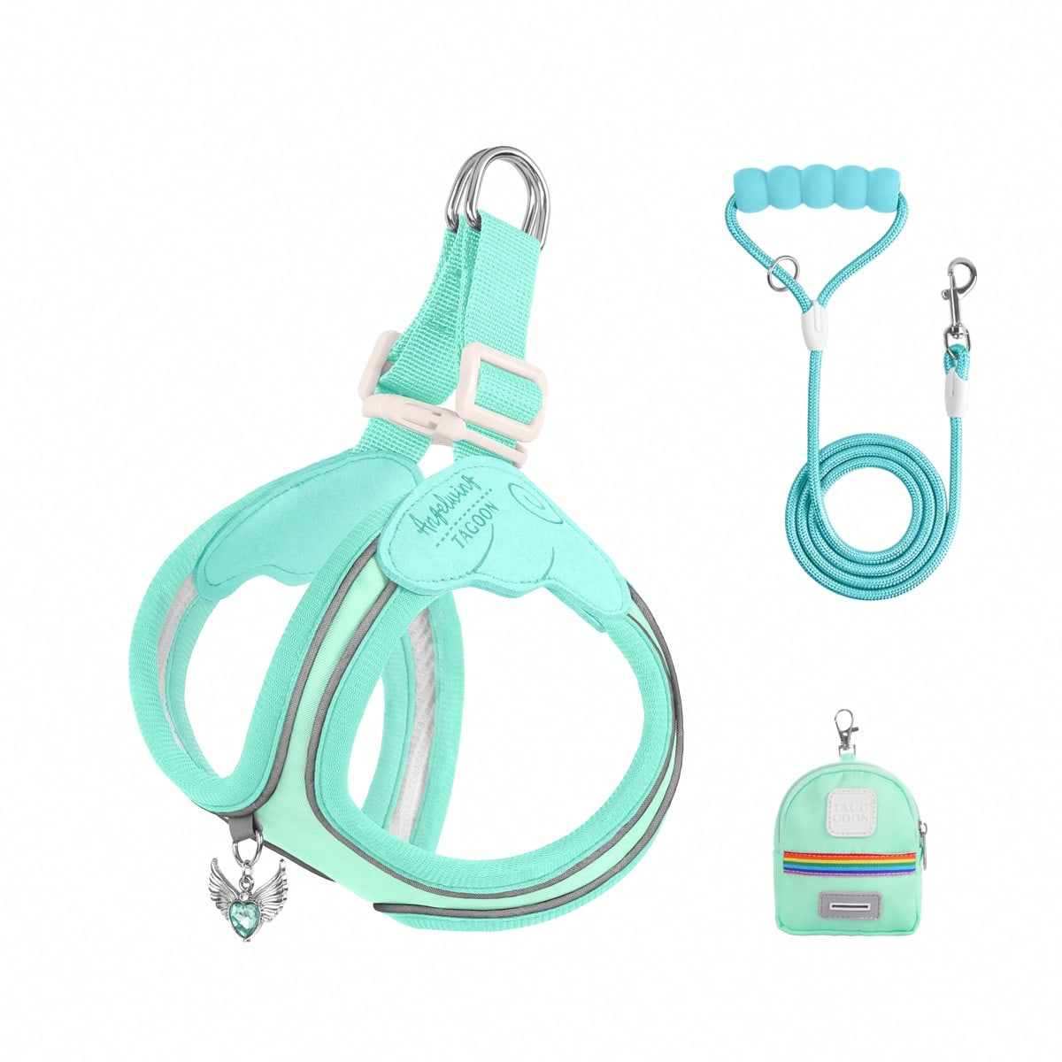 Multicolor colorblock polyester dog harness and leash set with lightweight chest strap and soft handle for small dogs and large cats