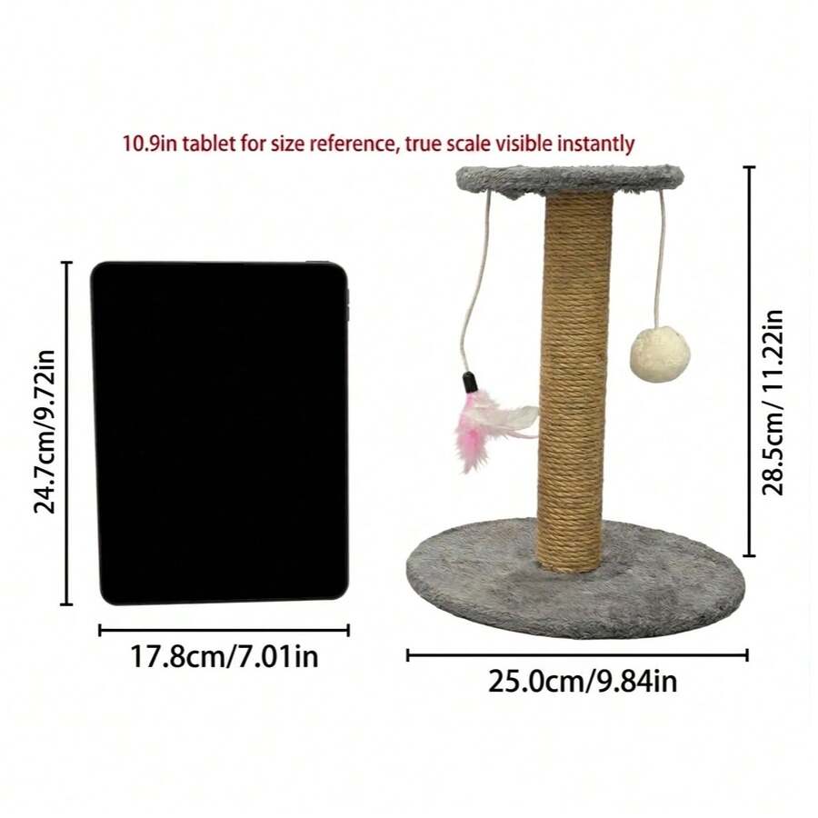 Brown mini sisal cat scratching post and kitten climbing tower with interactive plush ball and feather toys.