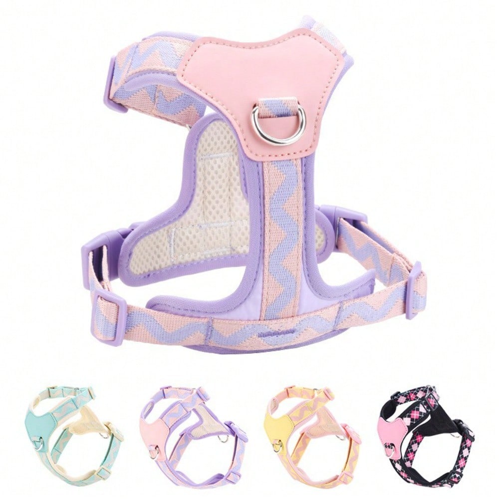 Multicolor soft puppy harness with cartoon geometric pattern, adjustable no-pull breathable chest vest for cats and dogs