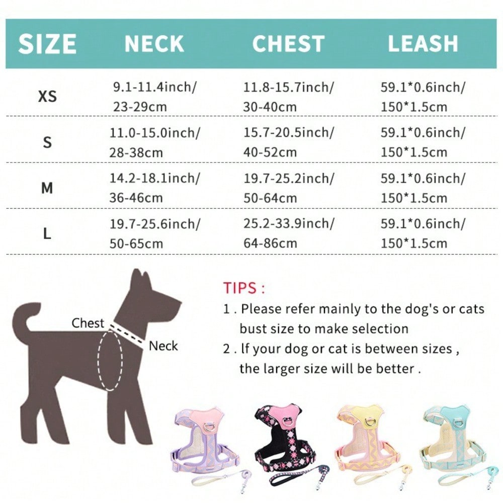 Multicolor soft puppy harness with cartoon geometric pattern, adjustable no-pull breathable chest vest for cats and dogs