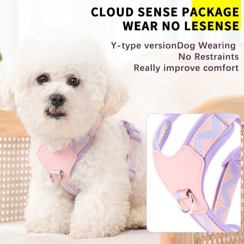Multicolor soft puppy harness with cartoon geometric pattern, adjustable no-pull breathable chest vest for cats and dogs