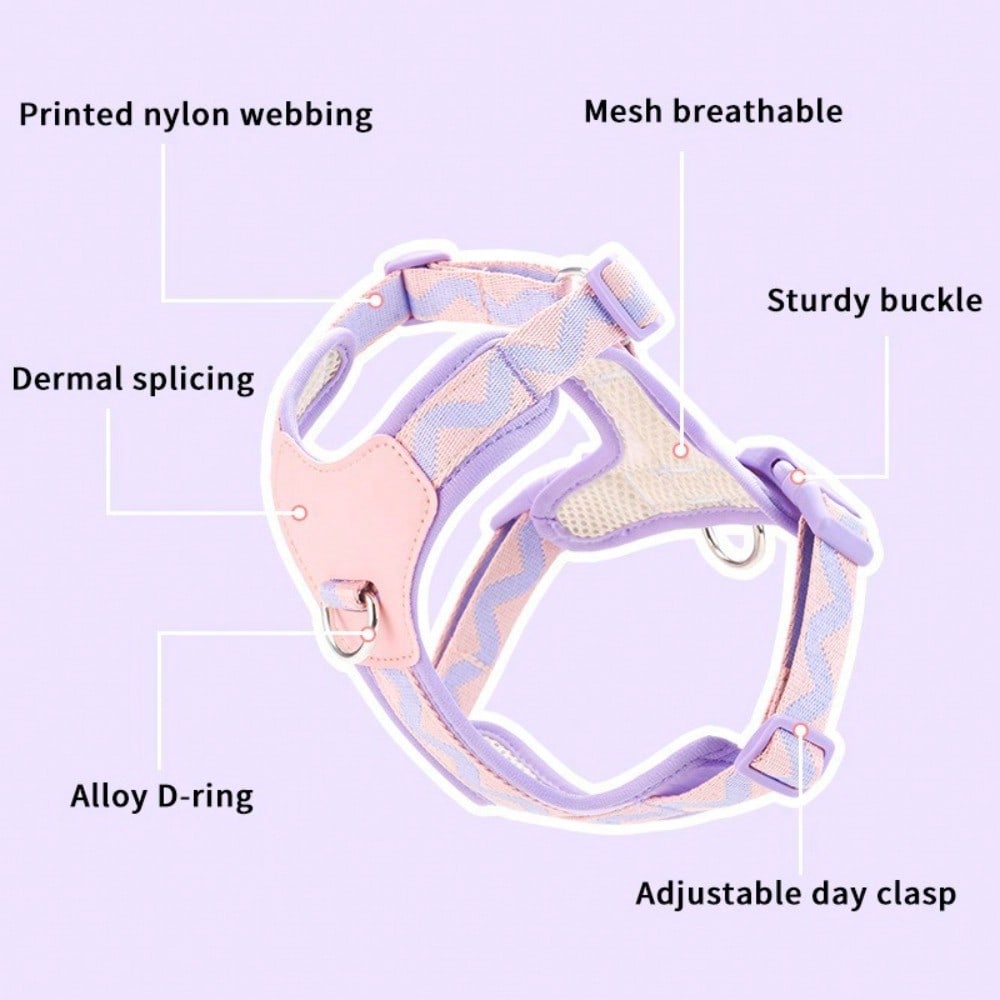 Multicolor soft puppy harness with cartoon geometric pattern, adjustable no-pull breathable chest vest for cats and dogs