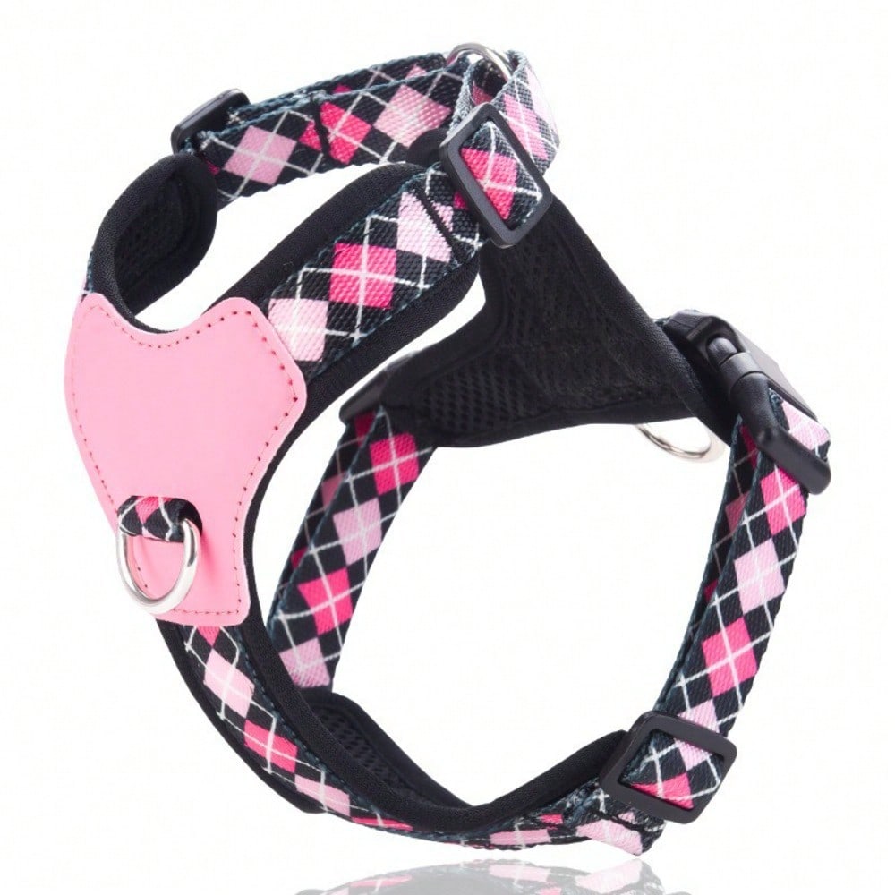 Multicolor soft puppy harness with cartoon geometric pattern, adjustable no-pull breathable chest vest for cats and dogs