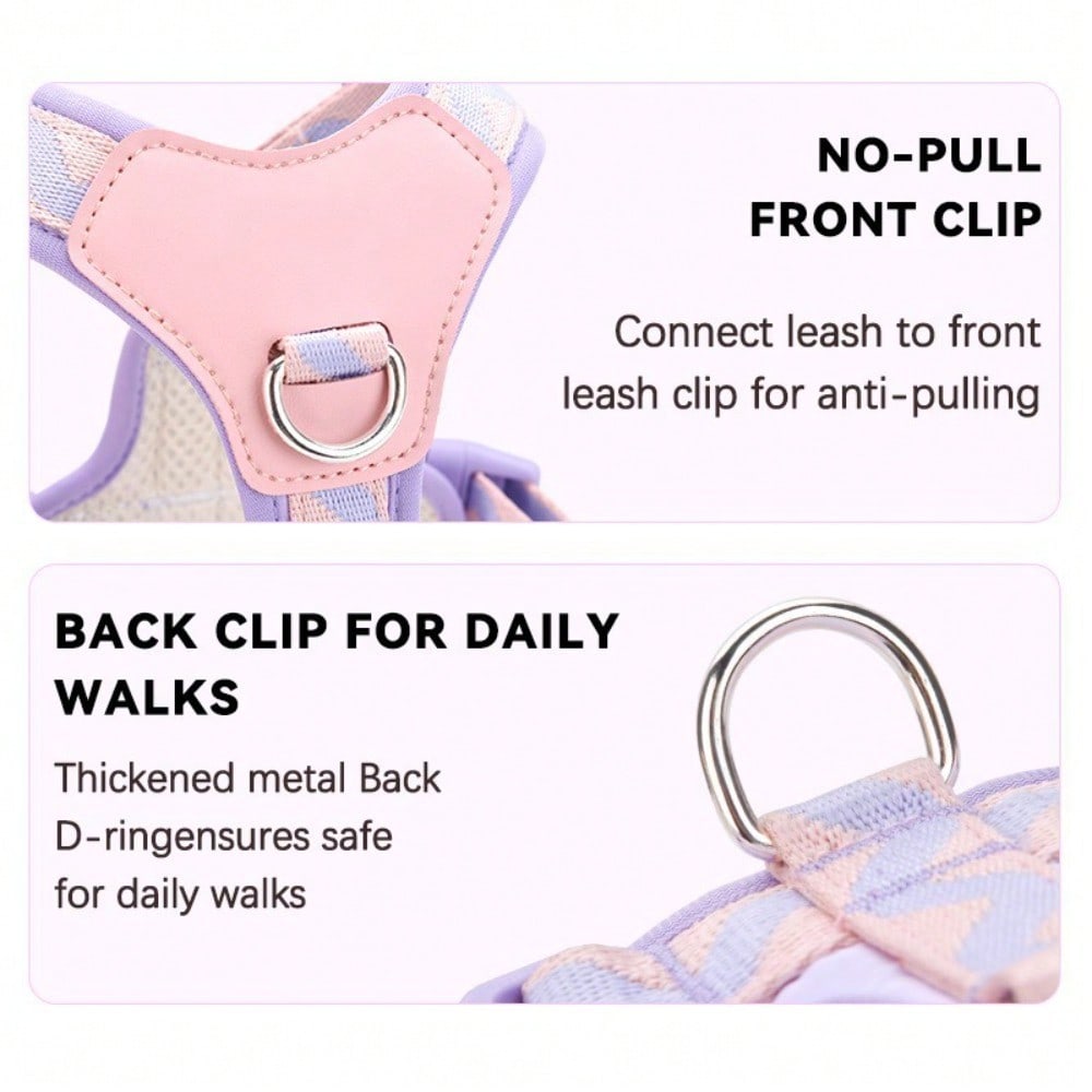 Multicolor soft puppy harness with cartoon geometric pattern, adjustable no-pull breathable chest vest for cats and dogs