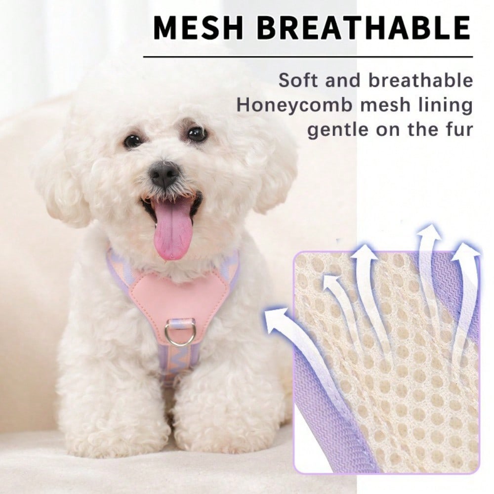 Multicolor soft puppy harness with cartoon geometric pattern, adjustable no-pull breathable chest vest for cats and dogs