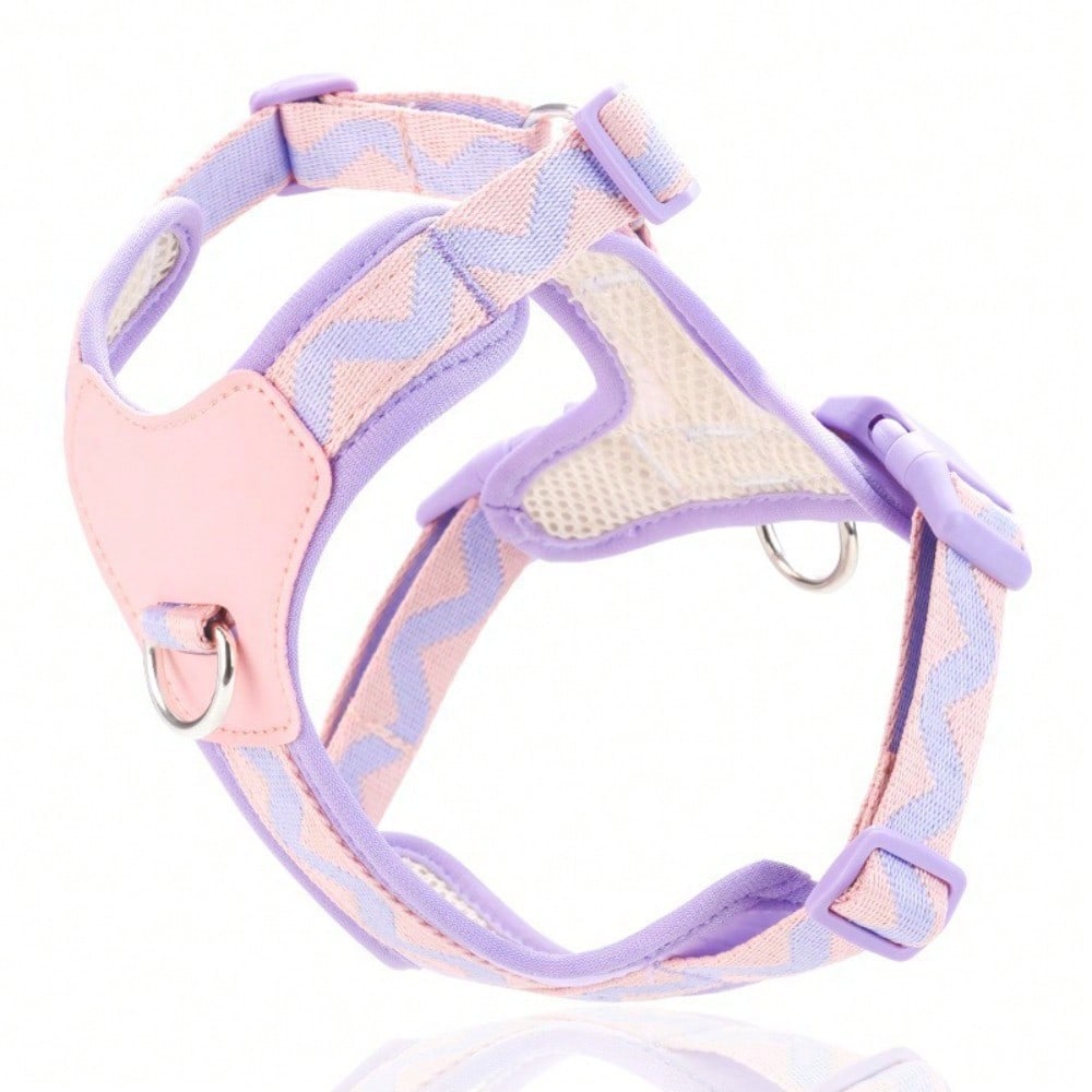 Multicolor soft puppy harness with cartoon geometric pattern, adjustable no-pull breathable chest vest for cats and dogs