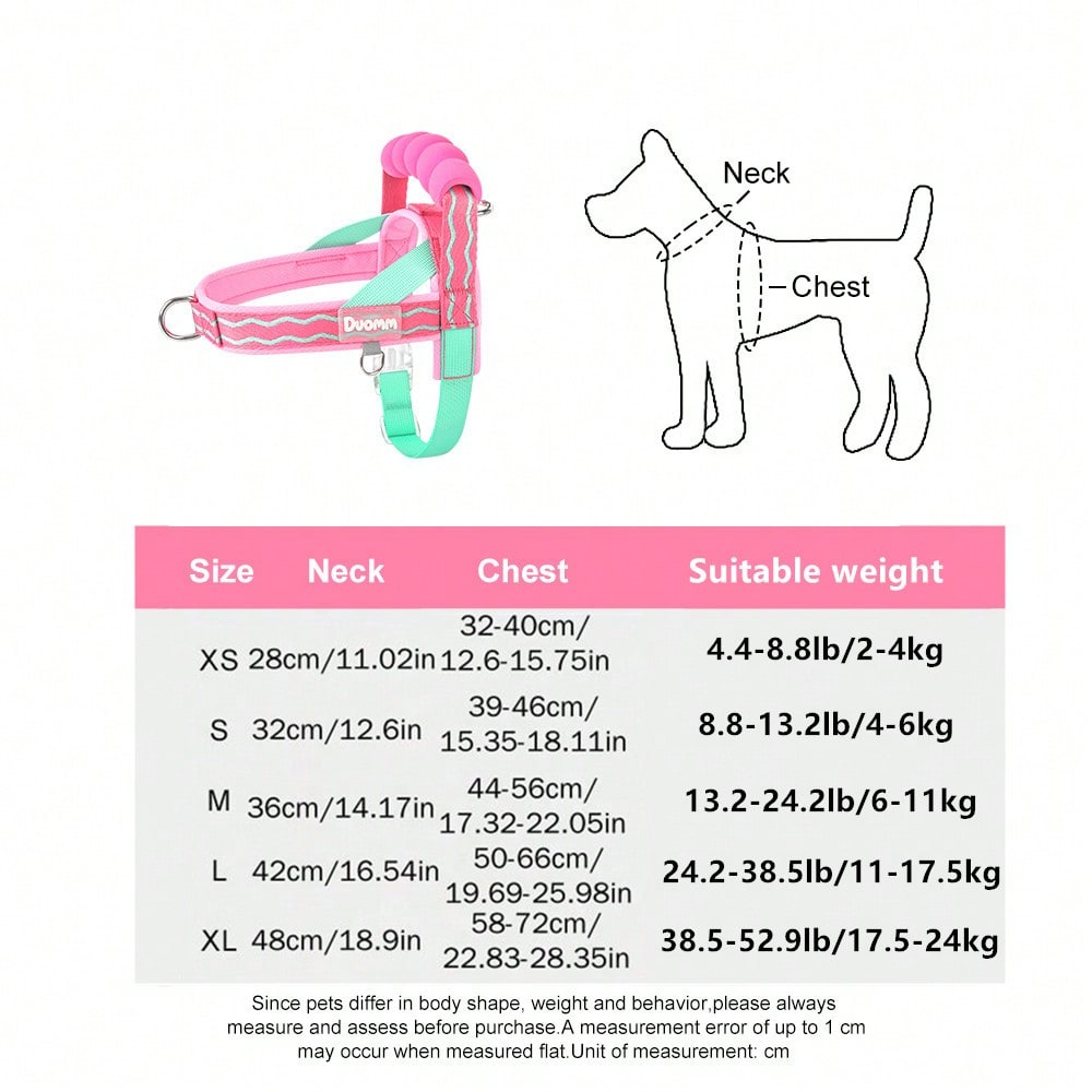 Multicolor foam dog harness with breathable mesh lining, top handle, D-ring leash attachment, adjustable strap, and reflective wave pattern for small and medium dogs