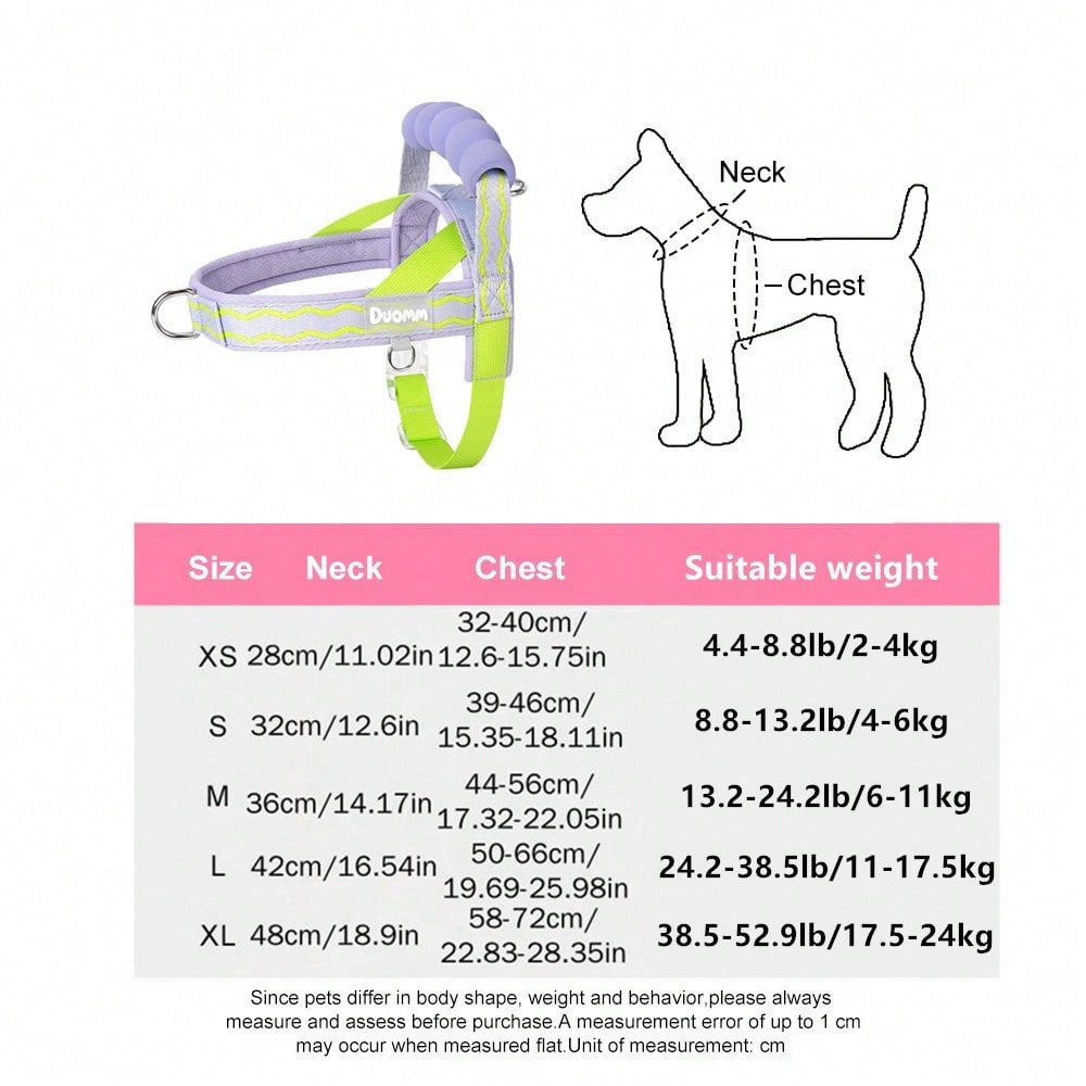 Pink polyester dog harness vest with top handle, D-ring leash attachment, adjustable straps, breathable mesh lining, and reflective wave pattern for small to medium dogs.