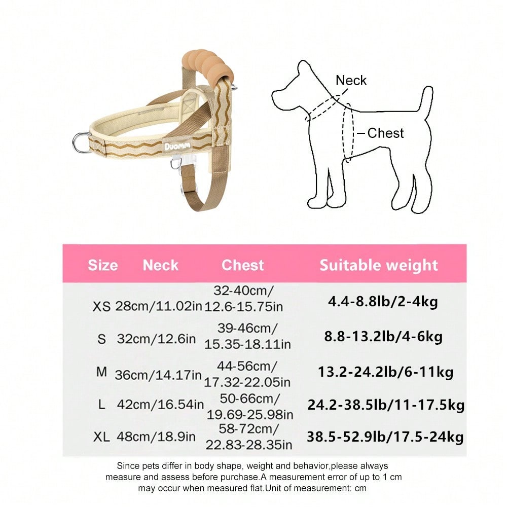 Pink polyester dog harness vest with top handle, D-ring leash attachment, adjustable straps, breathable mesh lining, and reflective wave pattern for small to medium dogs.