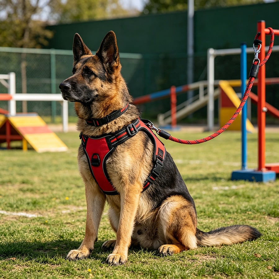Red reflective breathable vest-style dog and cat harness set with 1.5-meter leash and Christmas pattern