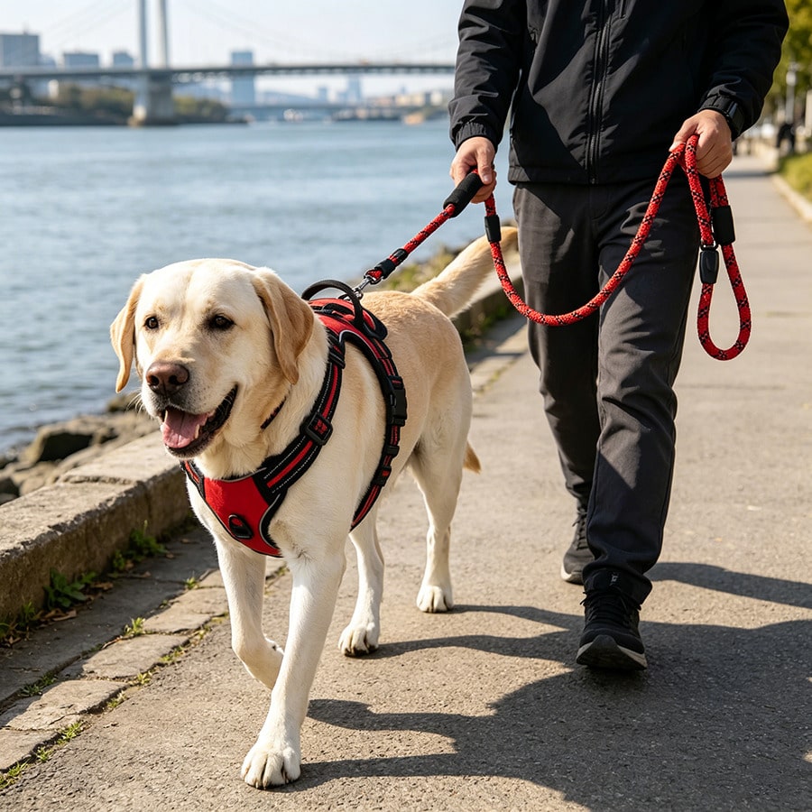 Red reflective breathable vest-style dog and cat harness set with 1.5-meter leash and Christmas pattern