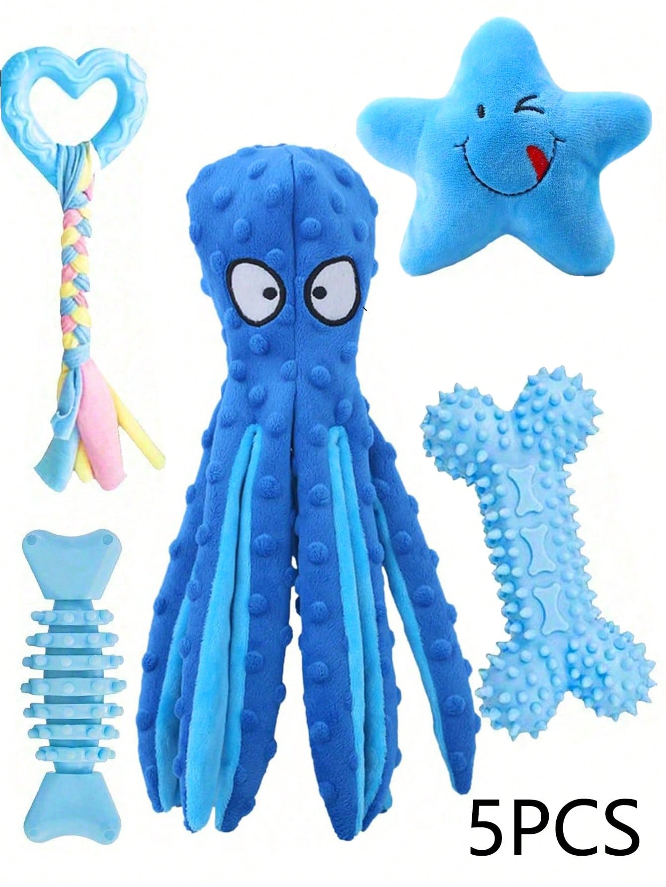 5pcs Luxury Puppy Toys Set, Suitable For Teething Puppies, Includes Cute Squeaky Toys, Balls, And More Rope Toys, Ideal Birthday Gift For Pet Owners, Light Blue, Small Breed