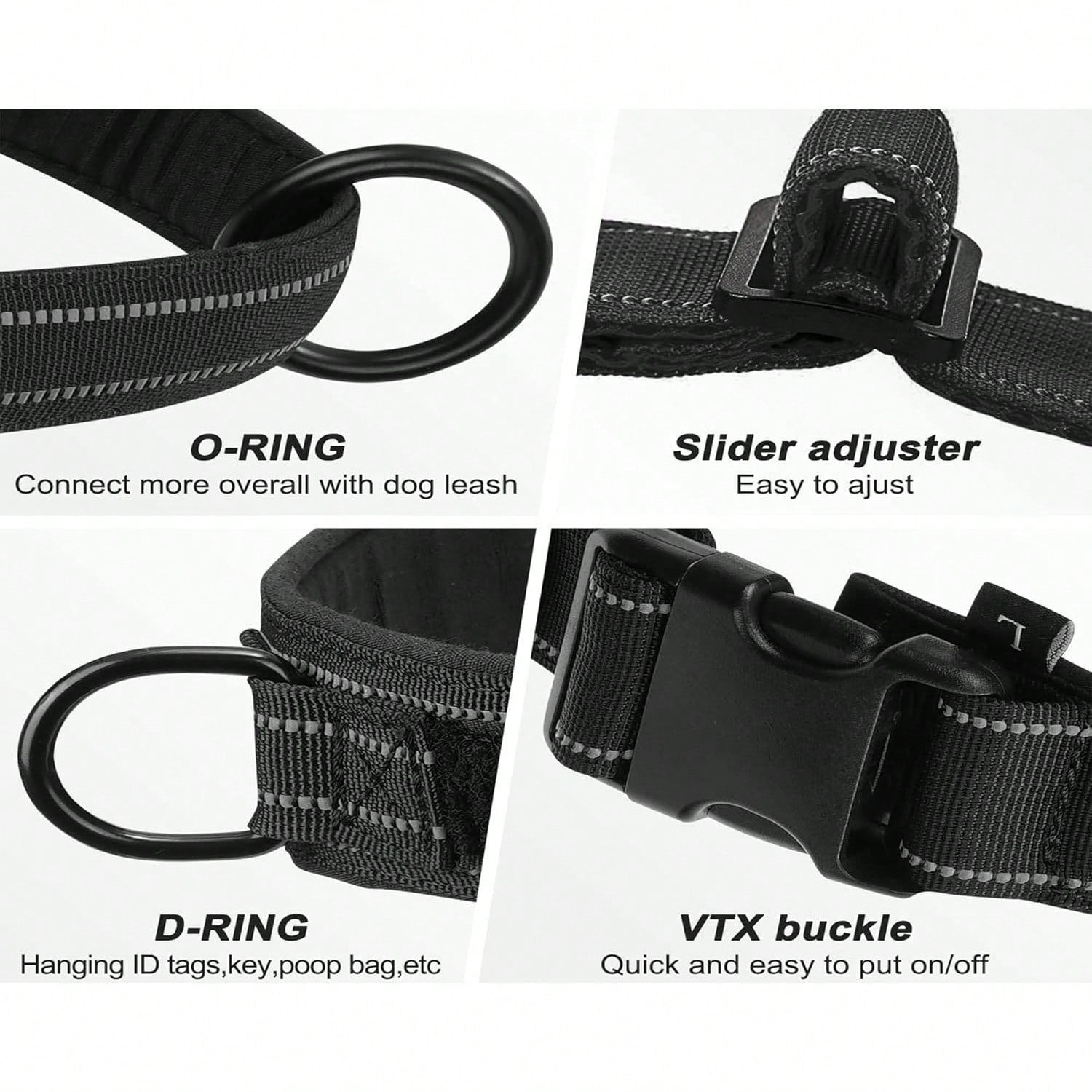 Adjustable reflective nylon padded tactical dog harness vest with leash for medium to large dogs, designed for outdoor walking, hiking, and daily use.