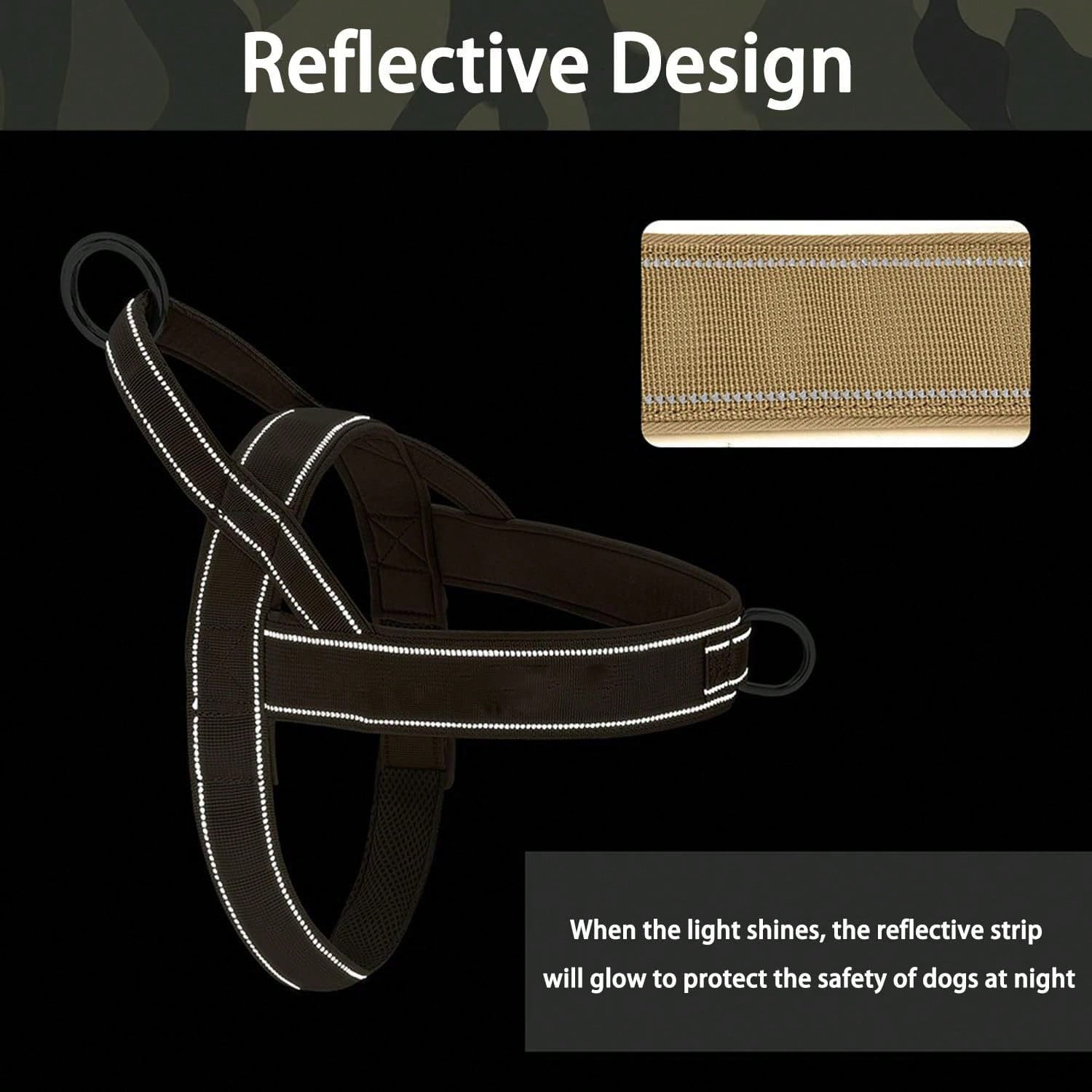 Adjustable reflective nylon padded tactical dog harness vest with leash for medium to large dogs, designed for outdoor walking, hiking, and daily use.