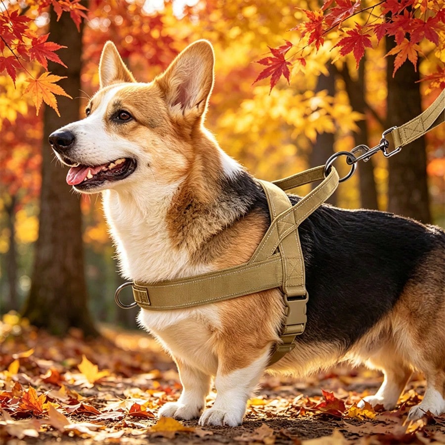 Adjustable reflective nylon padded tactical dog harness vest with leash for medium to large dogs, designed for outdoor walking, hiking, and daily use.
