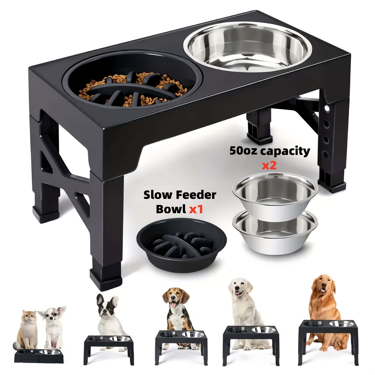 Adjustable height elevated dog bowl stand featuring 5 height settings, 2 stainless steel water bowls, and 1 slow feed bowl.