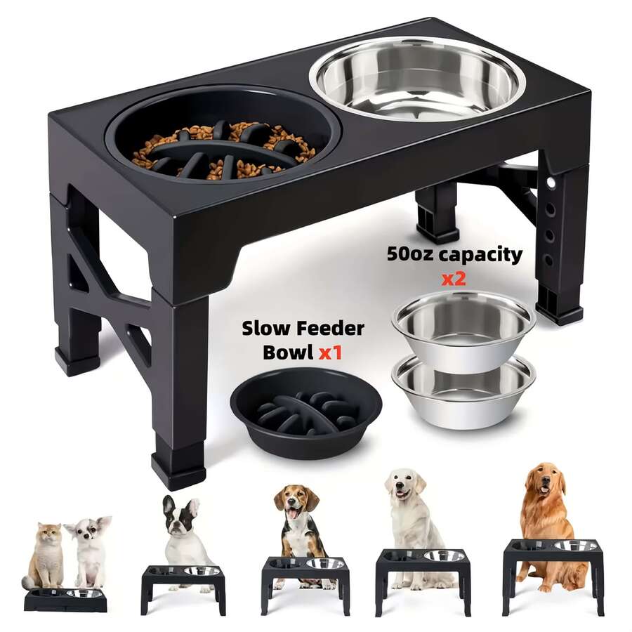 Adjustable height elevated dog bowl stand featuring 5 height settings, 2 stainless steel water bowls, and 1 slow feed bowl.