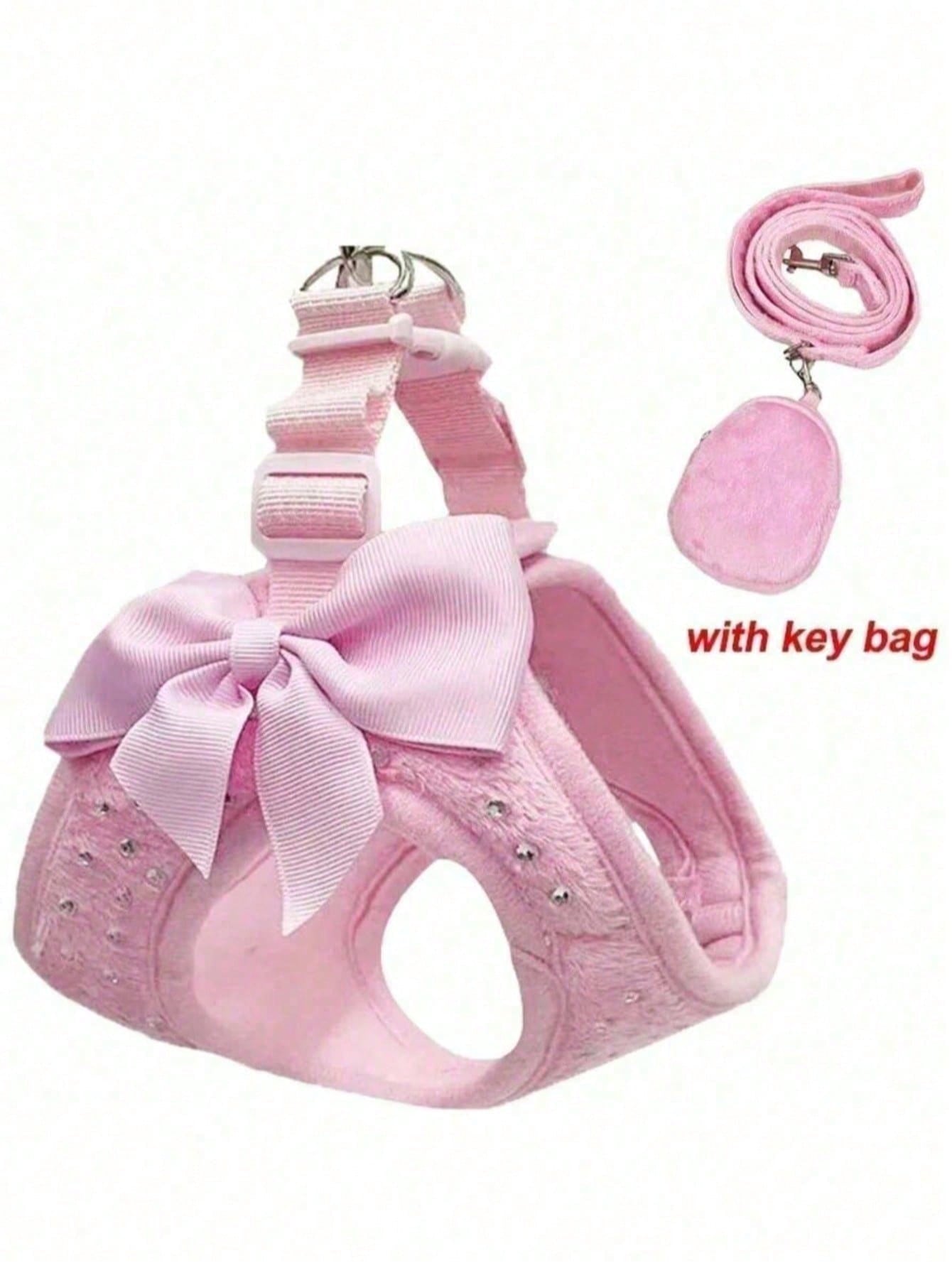 Soft Breathable Dog Harness With Rhinestone Decoration, Black & Pink Strap Leash, Comfortable Pet Collar