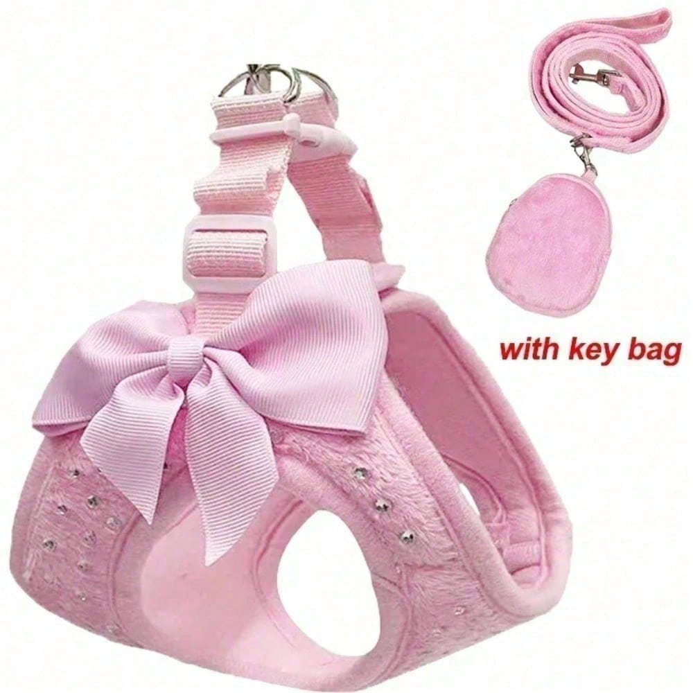 Soft Breathable Dog Harness With Rhinestone Decoration, Black & Pink Strap Leash, Comfortable Pet Collar