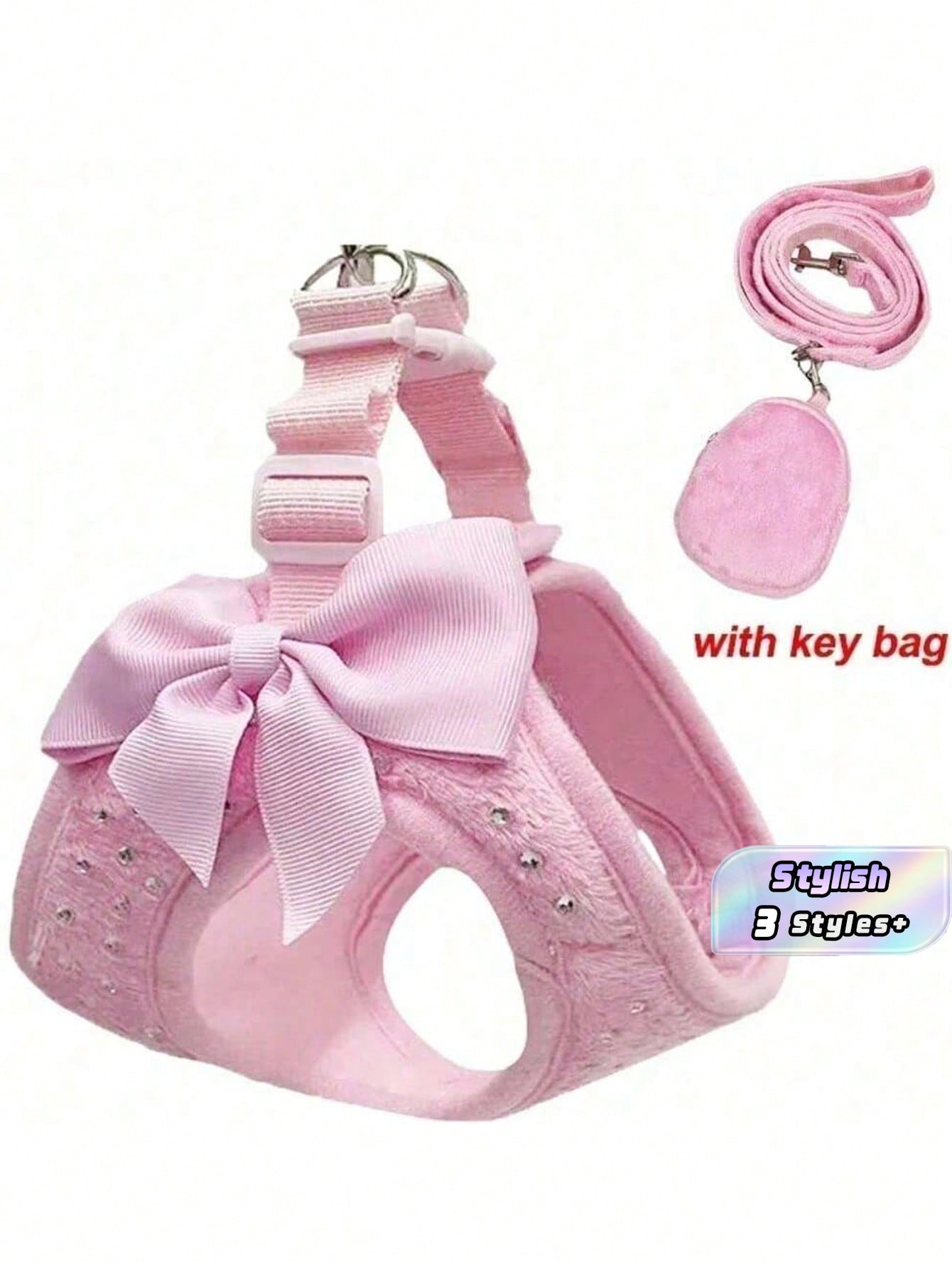 Soft Breathable Dog Harness With Rhinestone Decoration, Black & Pink Strap Leash, Comfortable Pet Collar