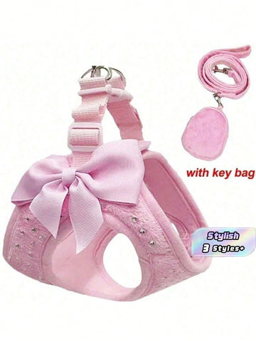 Soft Breathable Dog Harness With Rhinestone Decoration, Black & Pink Strap Leash, Comfortable Pet Collar