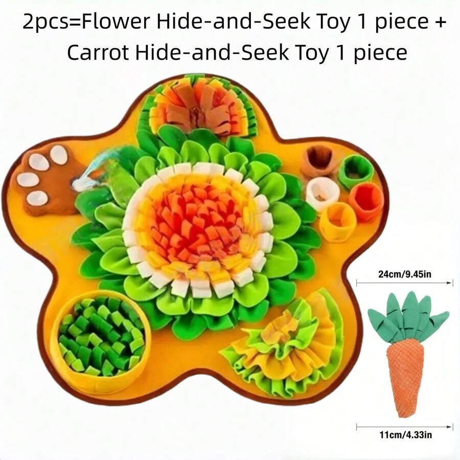 Yellow flower-shaped pet snuffle mat and slow feeder scent training pad for dogs and cats with fruit and vegetable print.