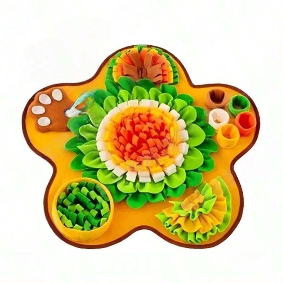 Yellow flower-shaped pet snuffle mat and slow feeder scent training pad for dogs and cats with fruit and vegetable print.