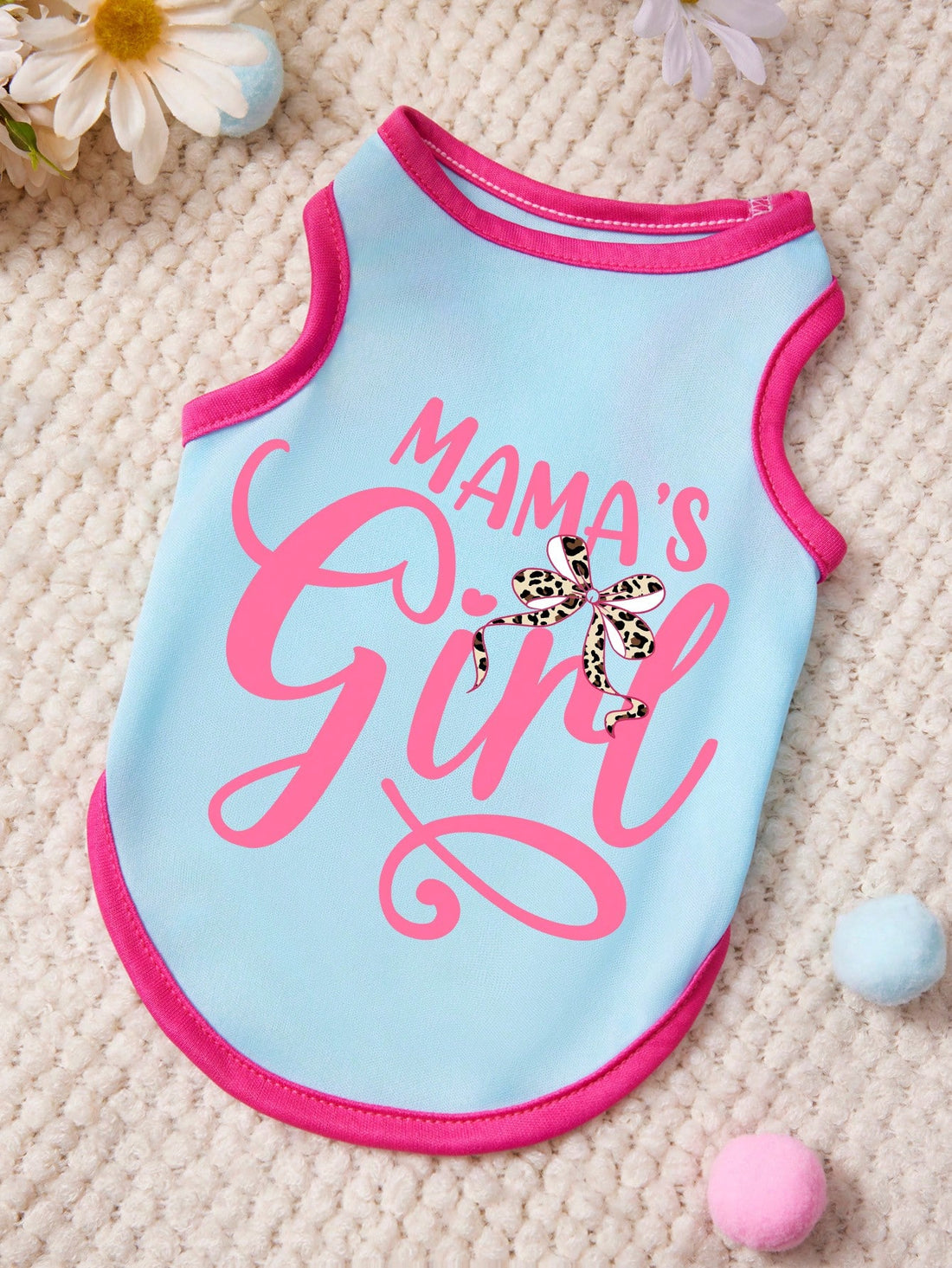 1pc Leopard Print Bow Pink Letter Pattern Blue Pink Patchwork Pet Vest, Casual Style, Soft And Breathable