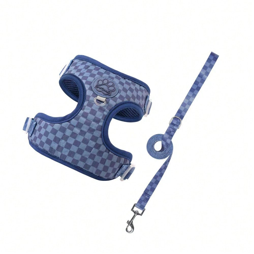 Spring New Plaid Pattern Dog Harness And Leash Set, Made Of Soft Breathable Mesh Fabric, Back Equipped With Round Ring For Increased Stability, Anti-Friction Design, Adjustable Size, Suitable For Small Dogs - Fashionable And Comfortable, Ideal For Daily