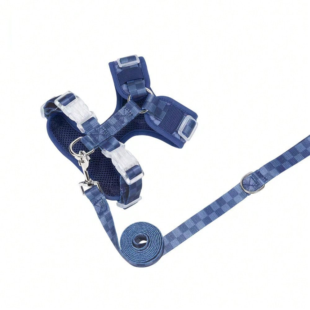 Spring New Plaid Pattern Dog Harness And Leash Set, Made Of Soft Breathable Mesh Fabric, Back Equipped With Round Ring For Increased Stability, Anti-Friction Design, Adjustable Size, Suitable For Small Dogs - Fashionable And Comfortable, Ideal For Daily