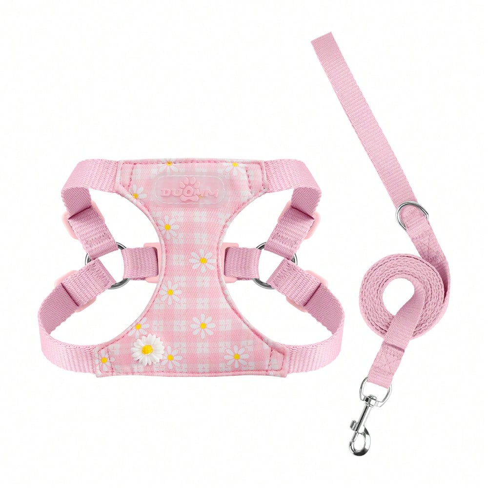 Baby pink small dog harness and leash set with daisy plant pattern, adjustable buckles, and lightweight polyester design for puppies and small breeds