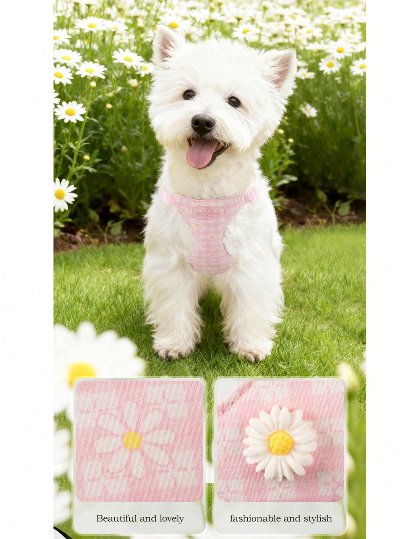 Baby pink small dog harness and leash set with daisy plant pattern, adjustable buckles, and lightweight polyester design for puppies and small breeds
