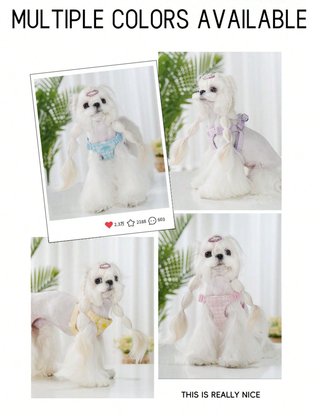 Baby pink small dog harness and leash set with daisy plant pattern, adjustable buckles, and lightweight polyester design for puppies and small breeds