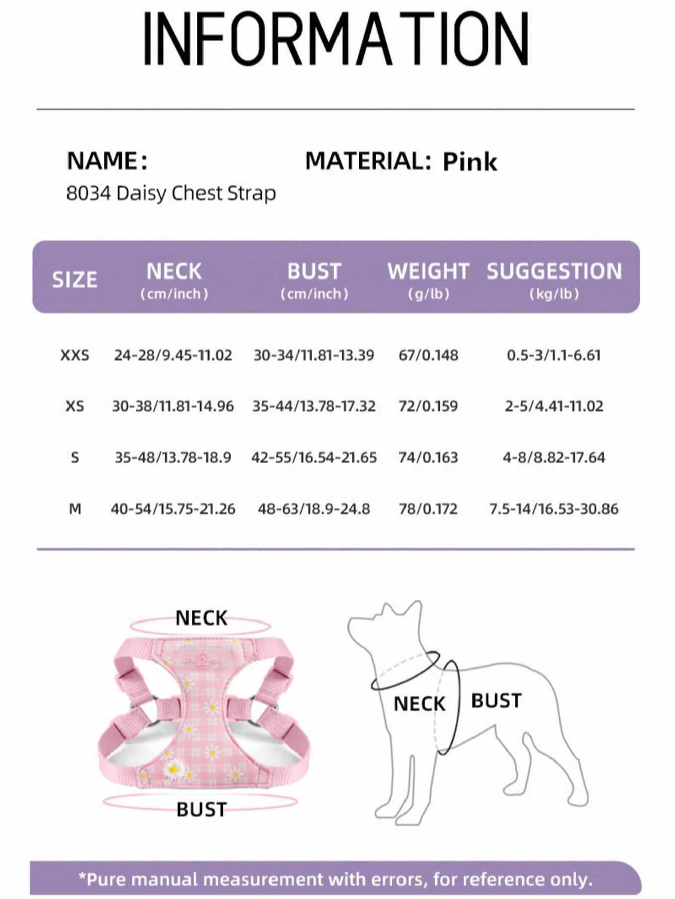 Baby pink small dog harness and leash set with daisy plant pattern, adjustable buckles, and lightweight polyester design for puppies and small breeds