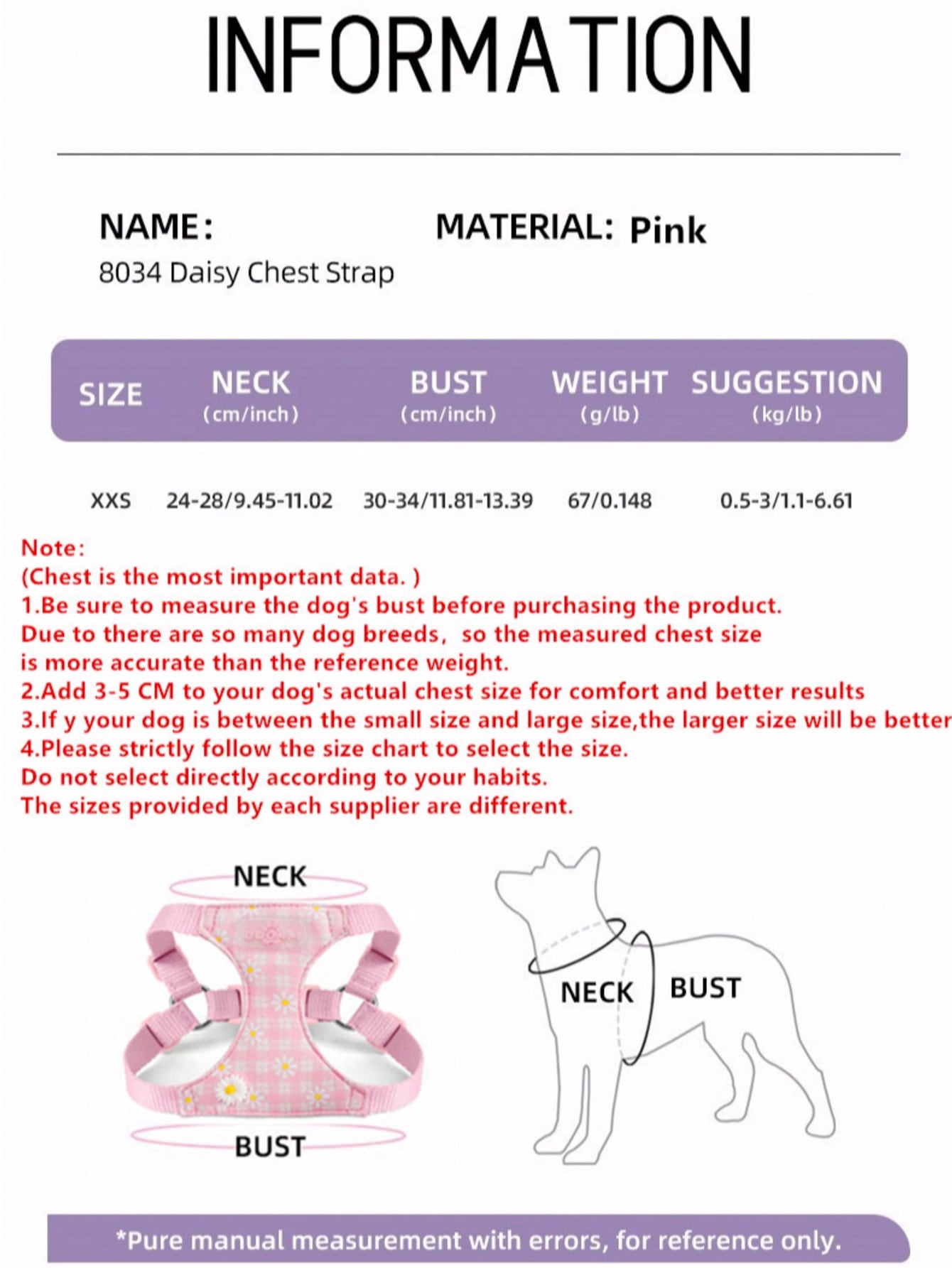 Baby pink small dog harness and leash set with daisy plant pattern, adjustable buckles, and lightweight polyester design for puppies and small breeds