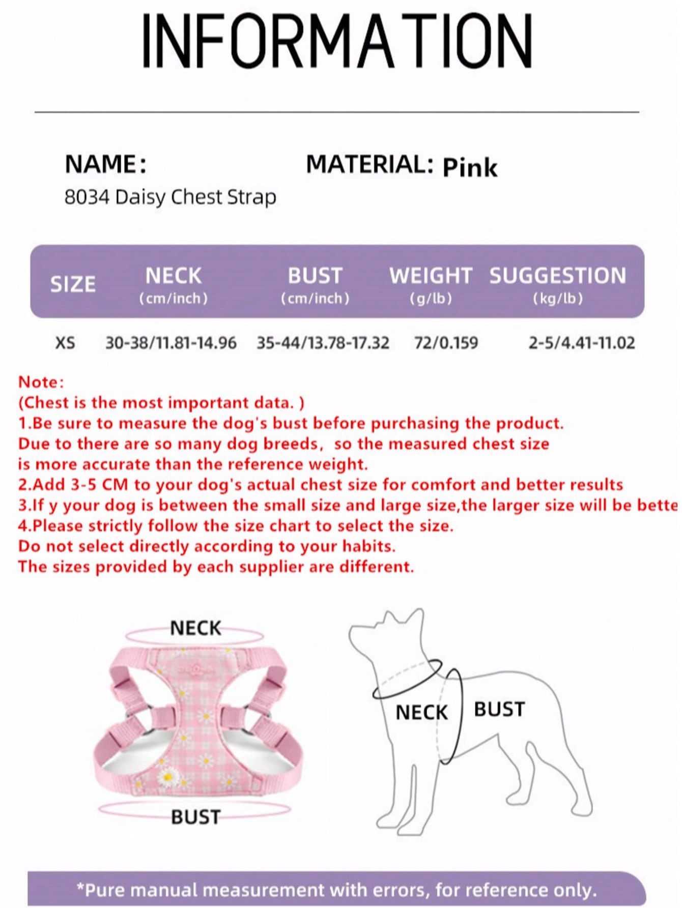 Baby pink small dog harness and leash set with daisy plant pattern, adjustable buckles, and lightweight polyester design for puppies and small breeds
