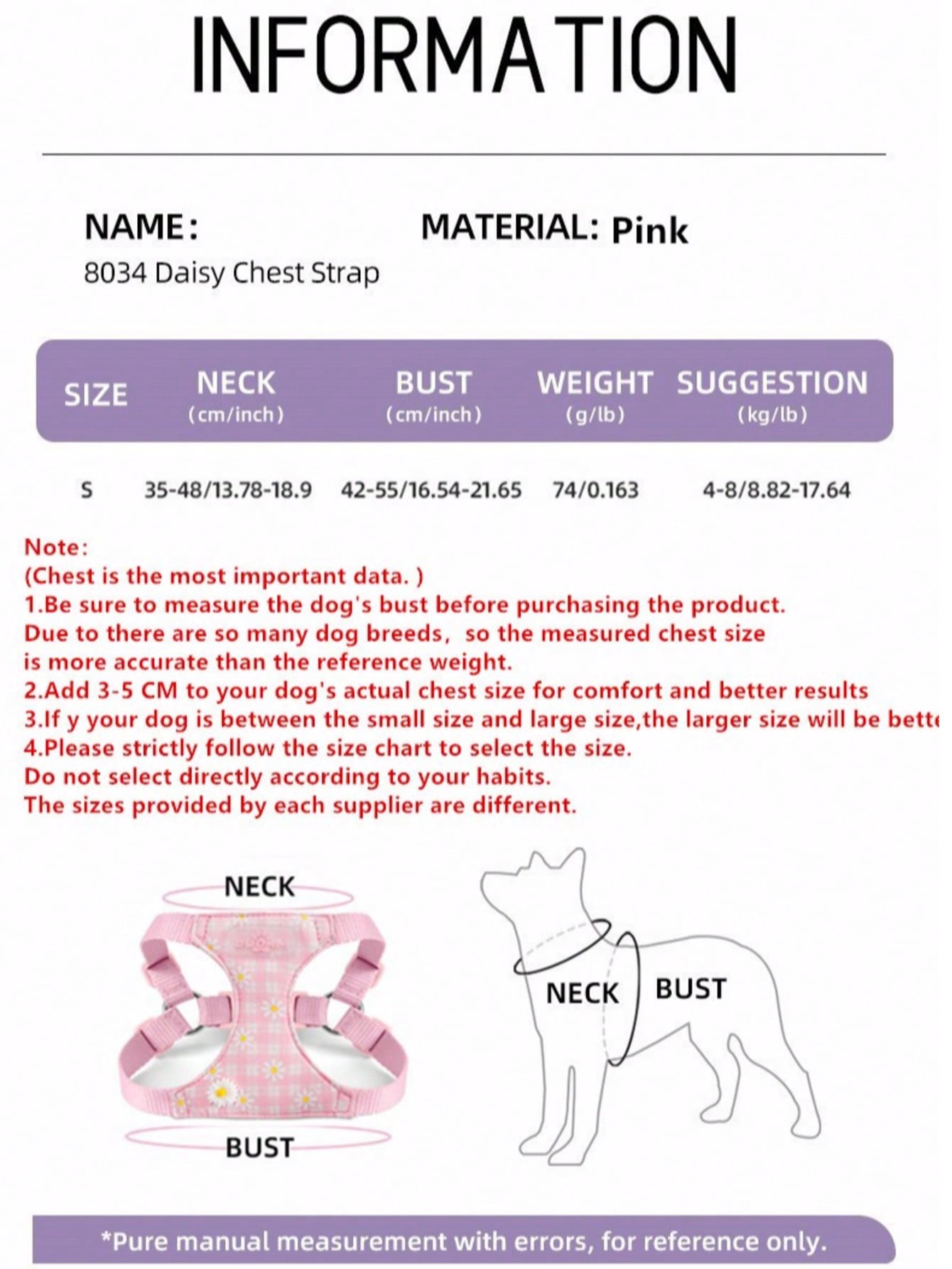 Baby pink small dog harness and leash set with daisy plant pattern, adjustable buckles, and lightweight polyester design for puppies and small breeds