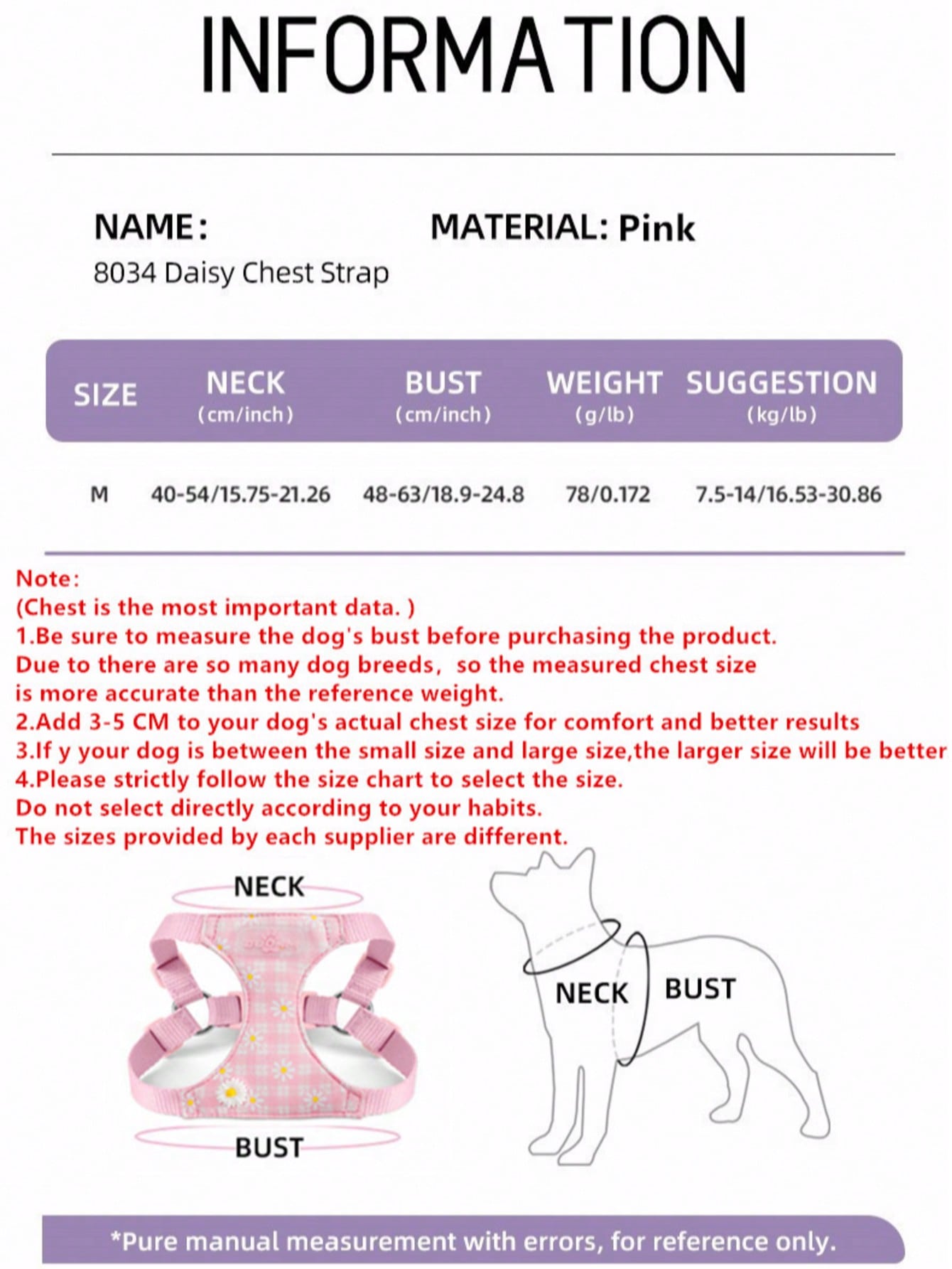 Baby pink small dog harness and leash set with daisy plant pattern, adjustable buckles, and lightweight polyester design for puppies and small breeds