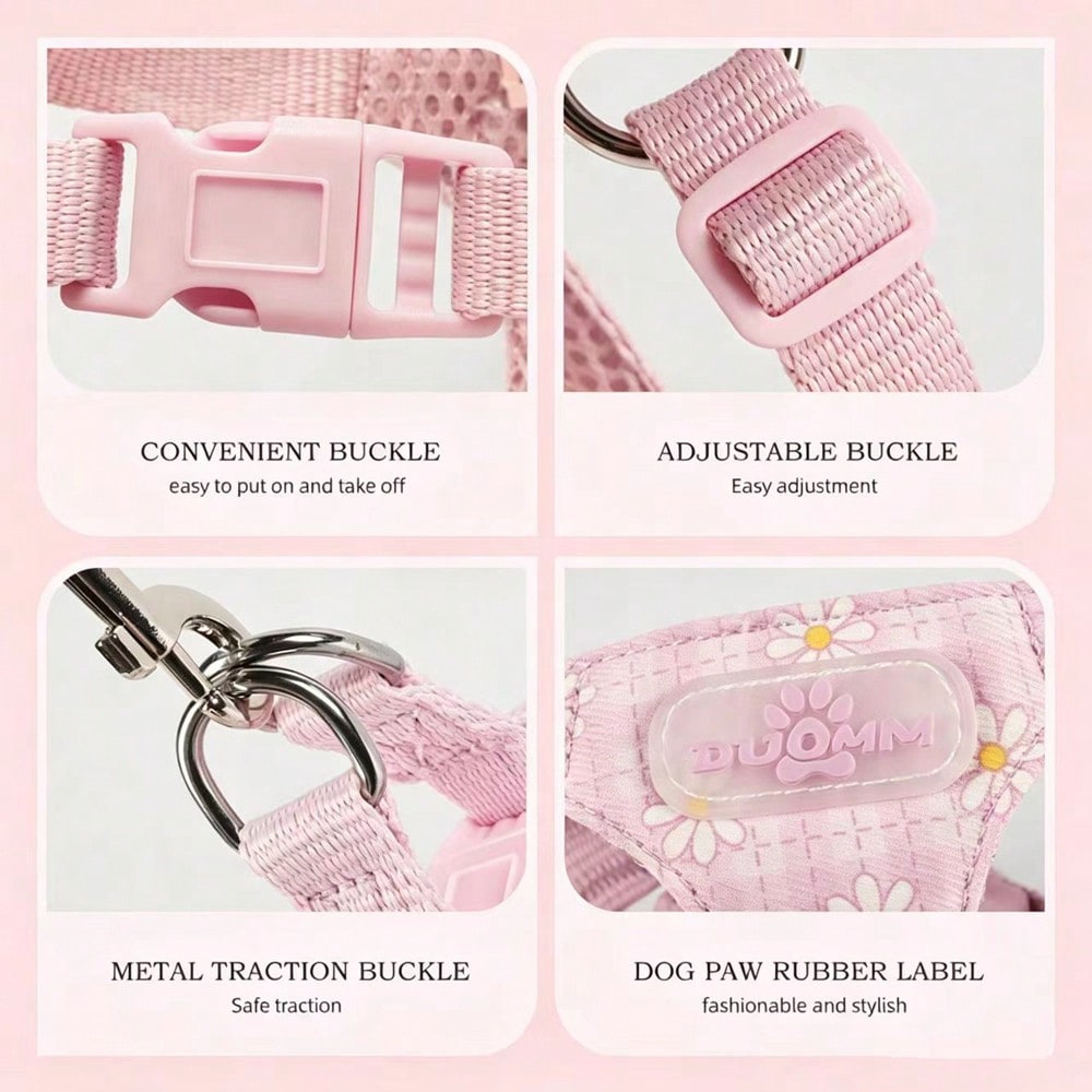 Baby pink small dog harness and leash set with daisy plant pattern, adjustable buckles, and lightweight polyester design for puppies and small breeds