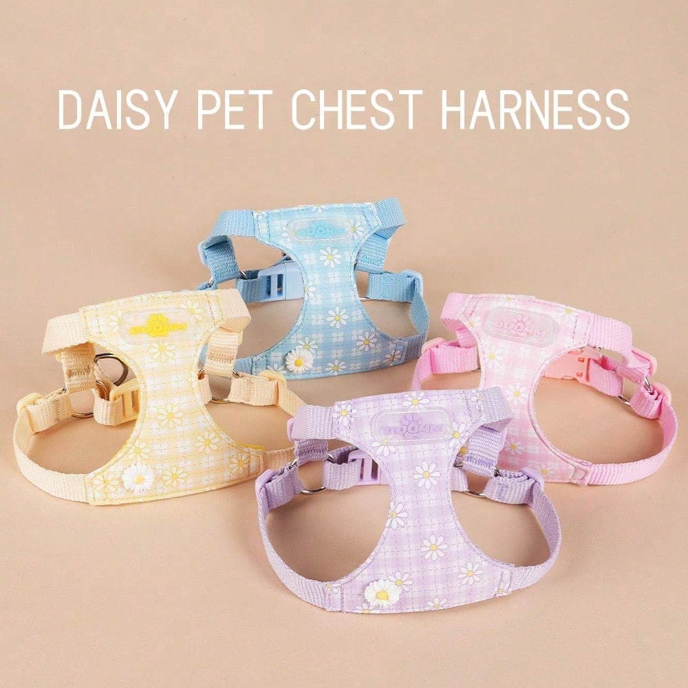 Baby pink small dog harness and leash set with daisy plant pattern, adjustable buckles, and lightweight polyester design for puppies and small breeds