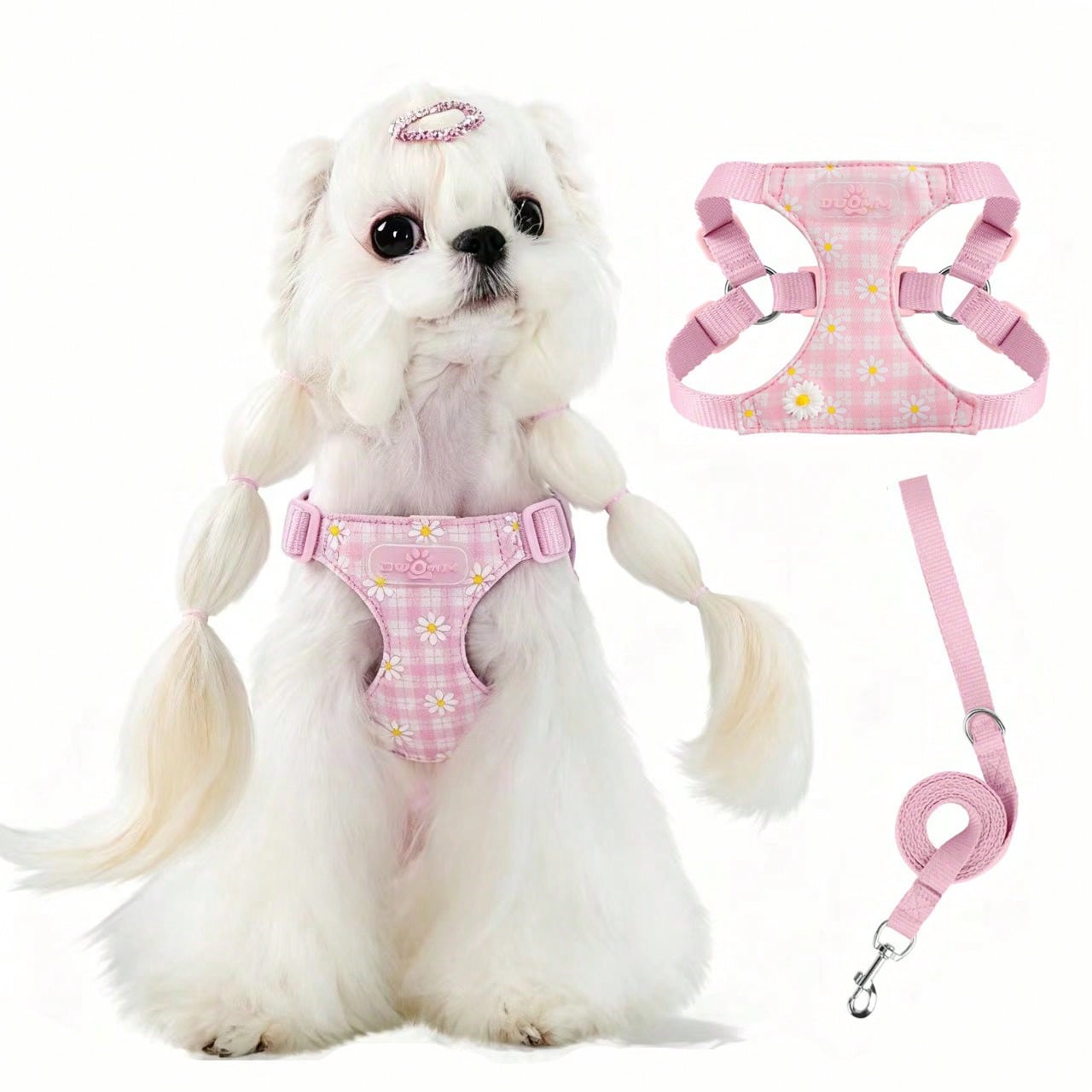 Baby pink small dog harness and leash set with daisy plant pattern, adjustable buckles, and lightweight polyester design for puppies and small breeds