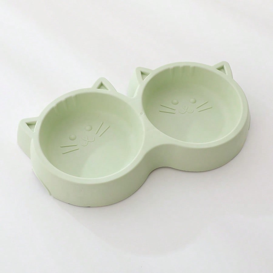 Cute Cat Shaped Dual Pet Bowls, Suitable For Cats, Dogs, Rabbits And Small Pets, Plastic Cat Food Bowl With Anti-Spill Silicone Base, Easy To Clean And Durable