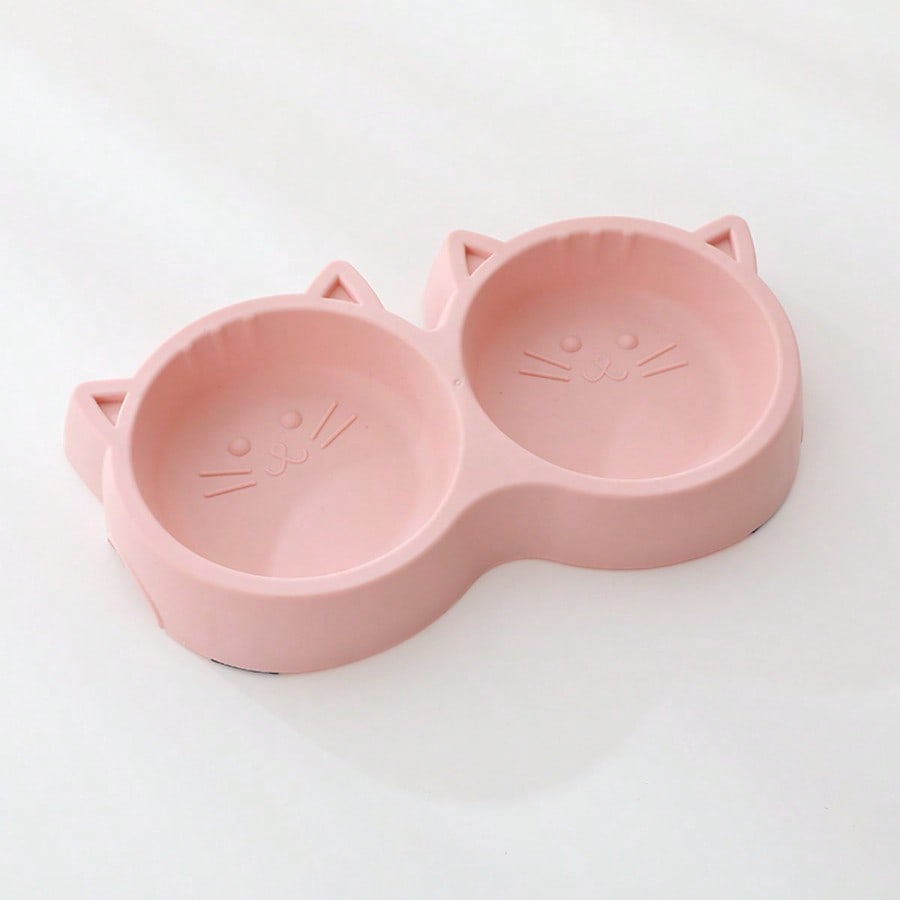 Cute Cat Shaped Dual Pet Bowls, Suitable For Cats, Dogs, Rabbits And Small Pets, Plastic Cat Food Bowl With Anti-Spill Silicone Base, Easy To Clean And Durable