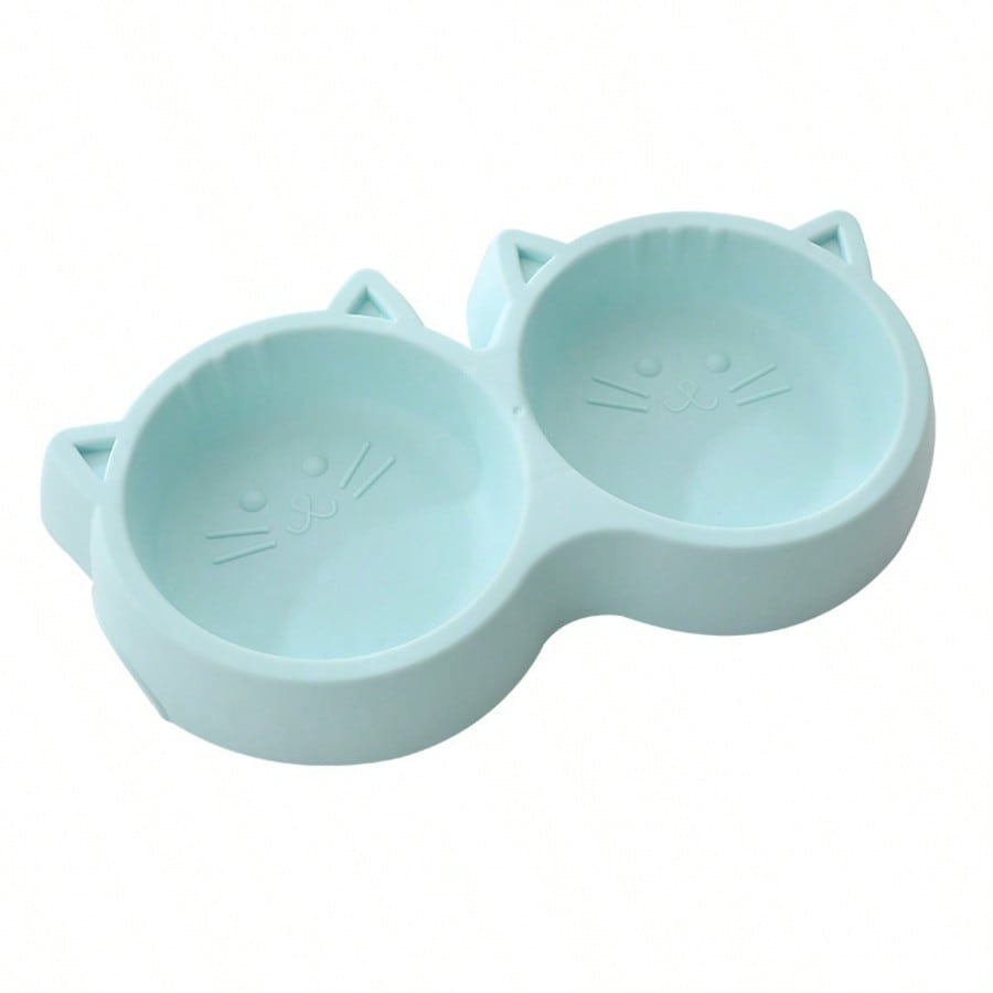 Cute Cat Shaped Dual Pet Bowls, Suitable For Cats, Dogs, Rabbits And Small Pets, Plastic Cat Food Bowl With Anti-Spill Silicone Base, Easy To Clean And Durable