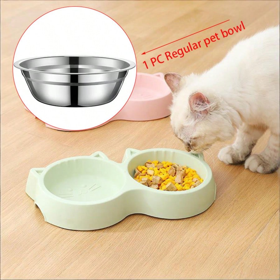 Cute Cat Shaped Dual Pet Bowls, Suitable For Cats, Dogs, Rabbits And Small Pets, Plastic Cat Food Bowl With Anti-Spill Silicone Base, Easy To Clean And Durable